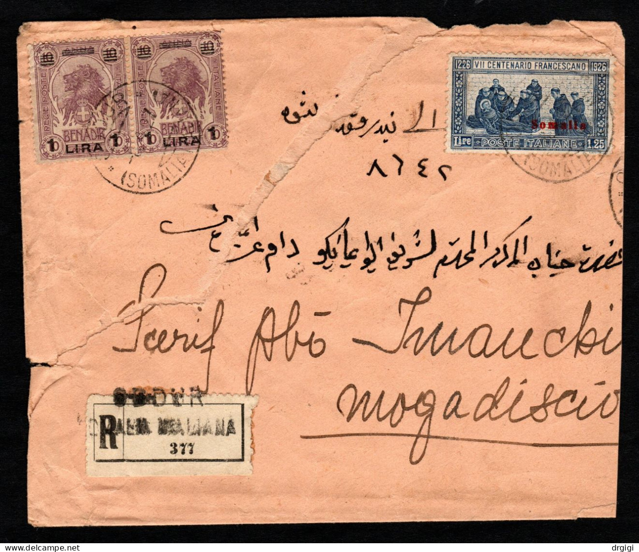 SOMALIA ITALIANA, BUSTA 1927, SASS. 77+80+84, ODDUR X MOGADISCIO, MOLTO RARO - Somalia