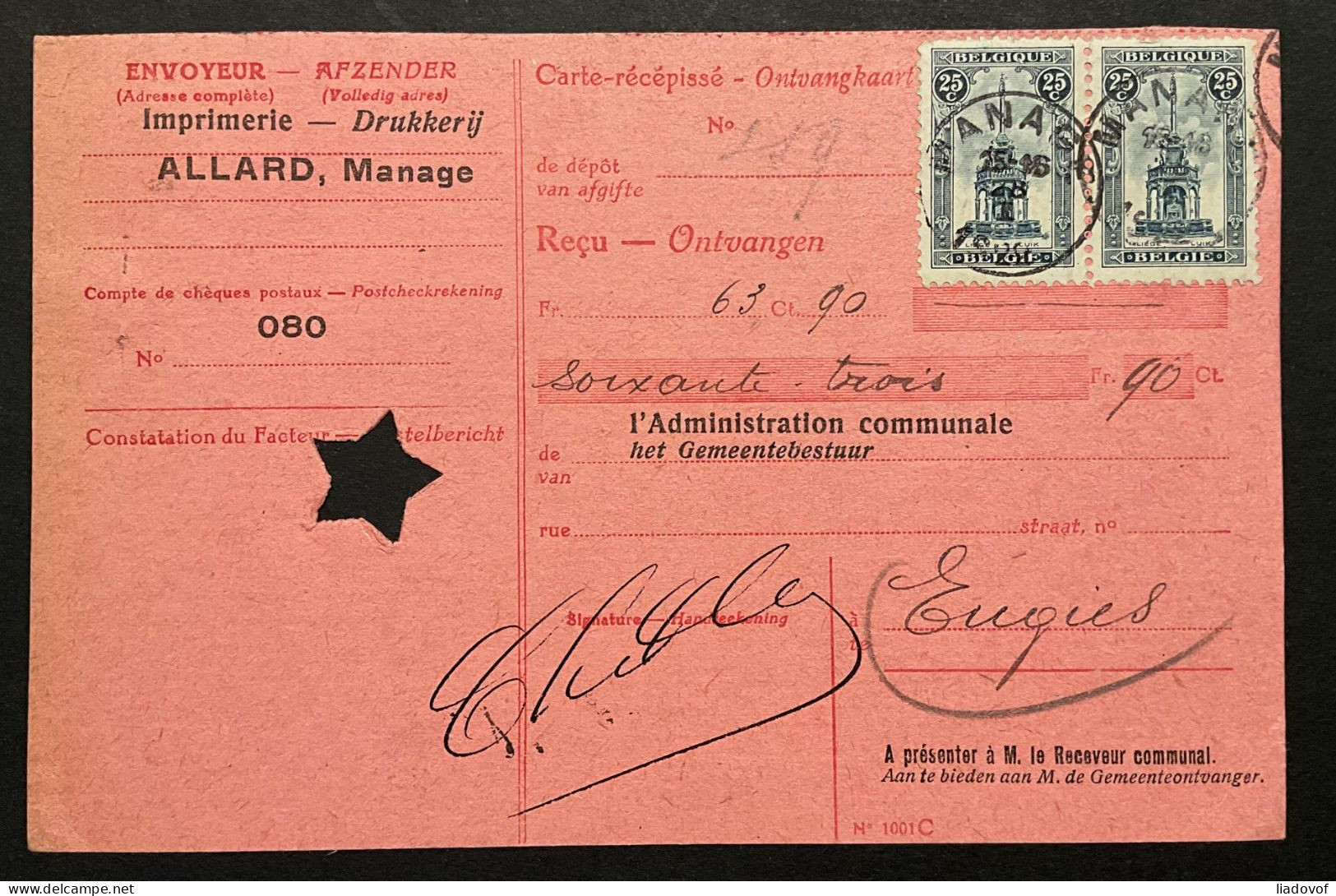 OBP 164 Perron De Liege 25c Sur Carte Récépissé Obl. MANAGE - 1915-1920 Albert I.