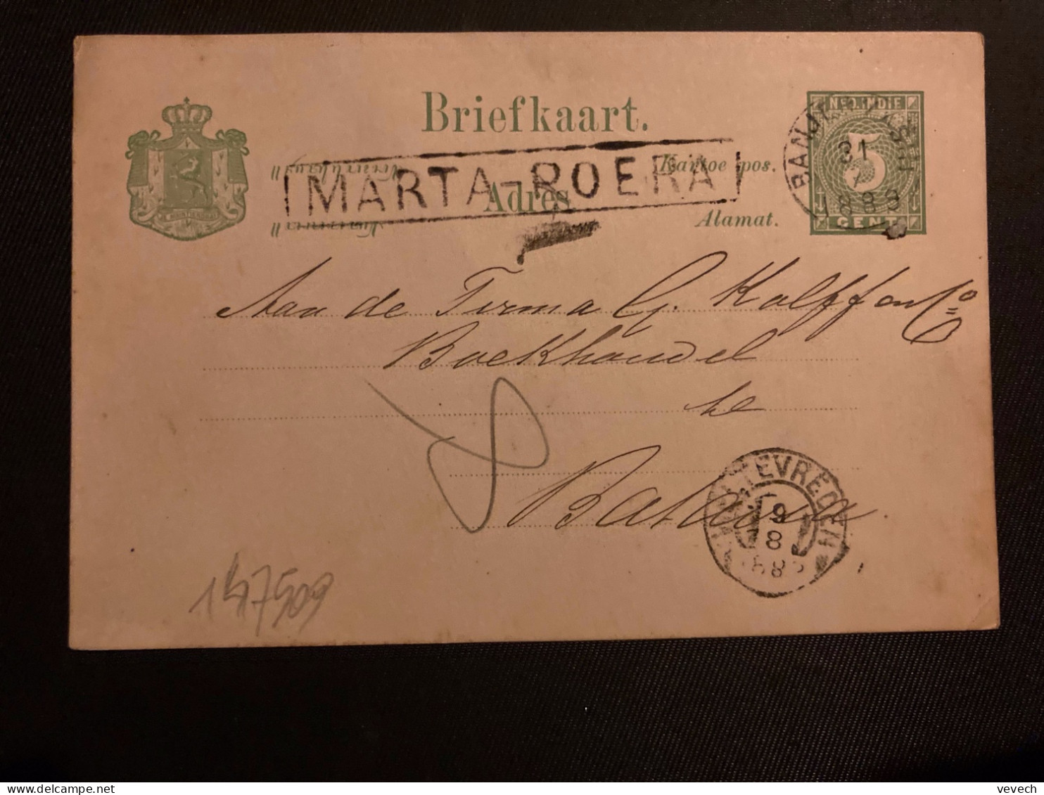 CP EP 5c OBL.31  1889 BANJERVASIH + Griffe Linéaire MARTA-ROERA - Indes Néerlandaises