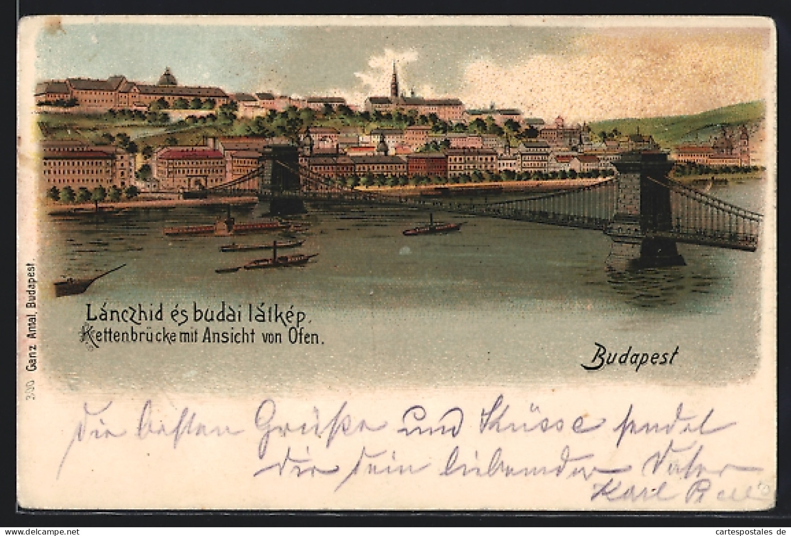 Lithographie Budapest, Kettenbrücke Mit Ansicht Von Osten  - Ungarn