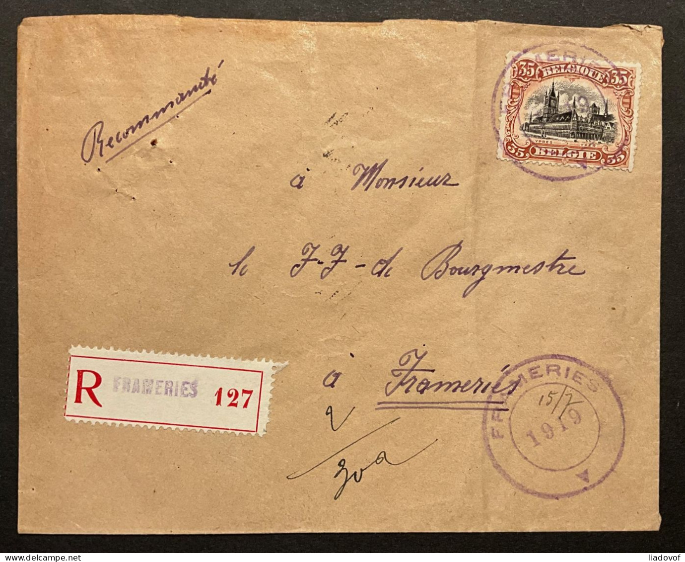 Lettre Recommandé 15/07/1909 (> Tarif En Vigueur Dès Le 01/07/1919) Affr. OBP 142 - Cachet De Fortune FRAMERIES 1919 - 1915-1920 Alberto I