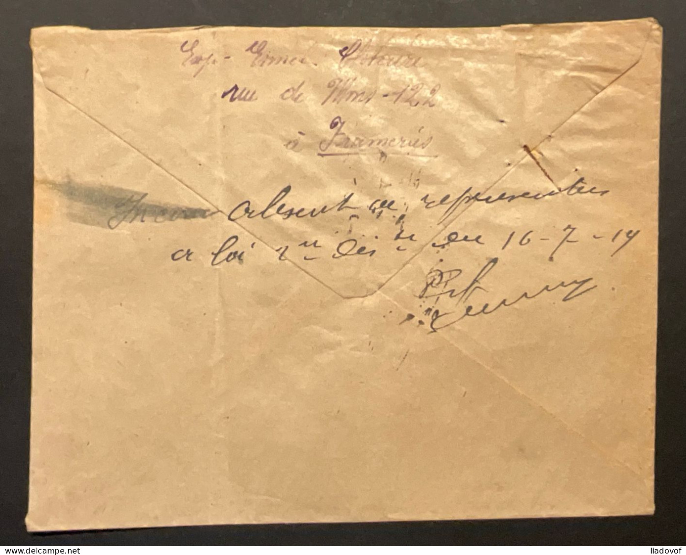 Lettre Recommandé 15/07/1909 (> Tarif En Vigueur Dès Le 01/07/1919) Affr. OBP 142 - Cachet De Fortune FRAMERIES 1919 - 1915-1920 Albert I