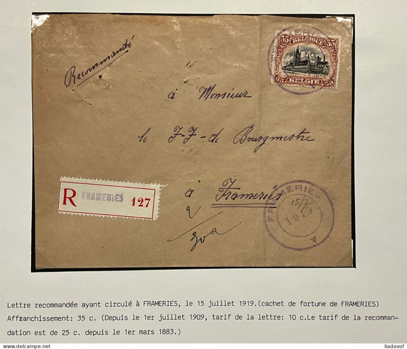 Lettre Recommandé 15/07/1909 (> Tarif En Vigueur Dès Le 01/07/1919) Affr. OBP 142 - Cachet De Fortune FRAMERIES 1919 - 1915-1920 Albert I