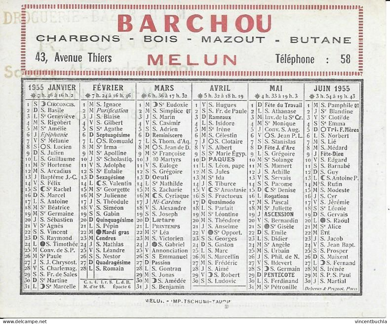 Petit Calendrier 1955 Barchou Charbons Bois Mazout Butane Melun 43 Avenue Thiers Parfait état - Small : 1941-60