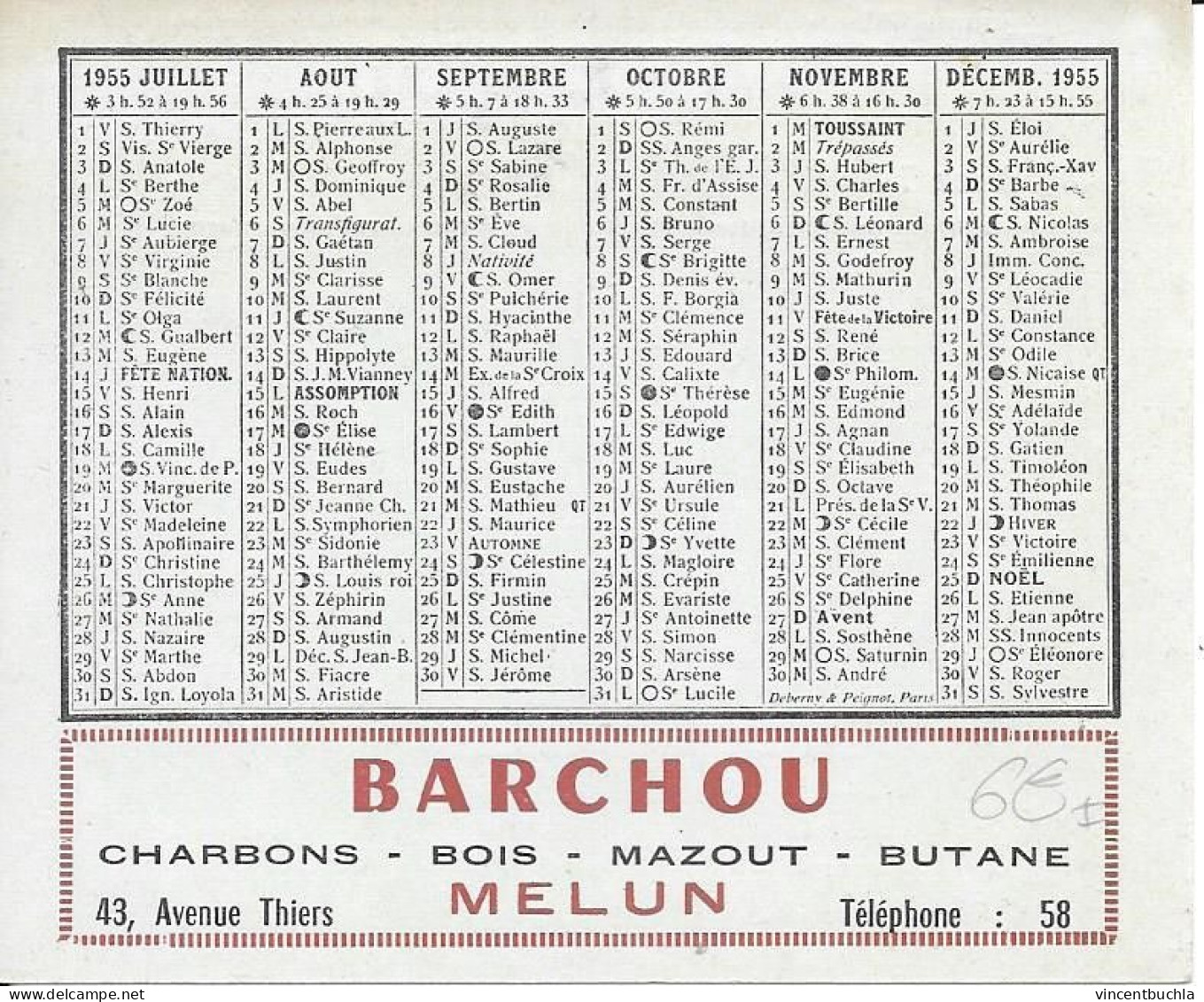 Petit Calendrier 1955 Barchou Charbons Bois Mazout Butane Melun 43 Avenue Thiers Parfait état - Kleinformat : 1941-60