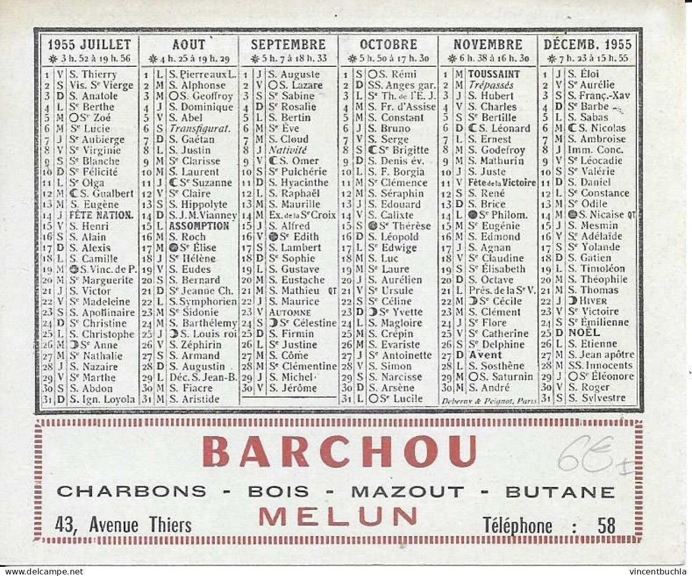 Petit Calendrier 1955 Barchou Charbons Bois Mazout Butane Melun 43 Avenue Thiers Parfait état - Small : 1941-60