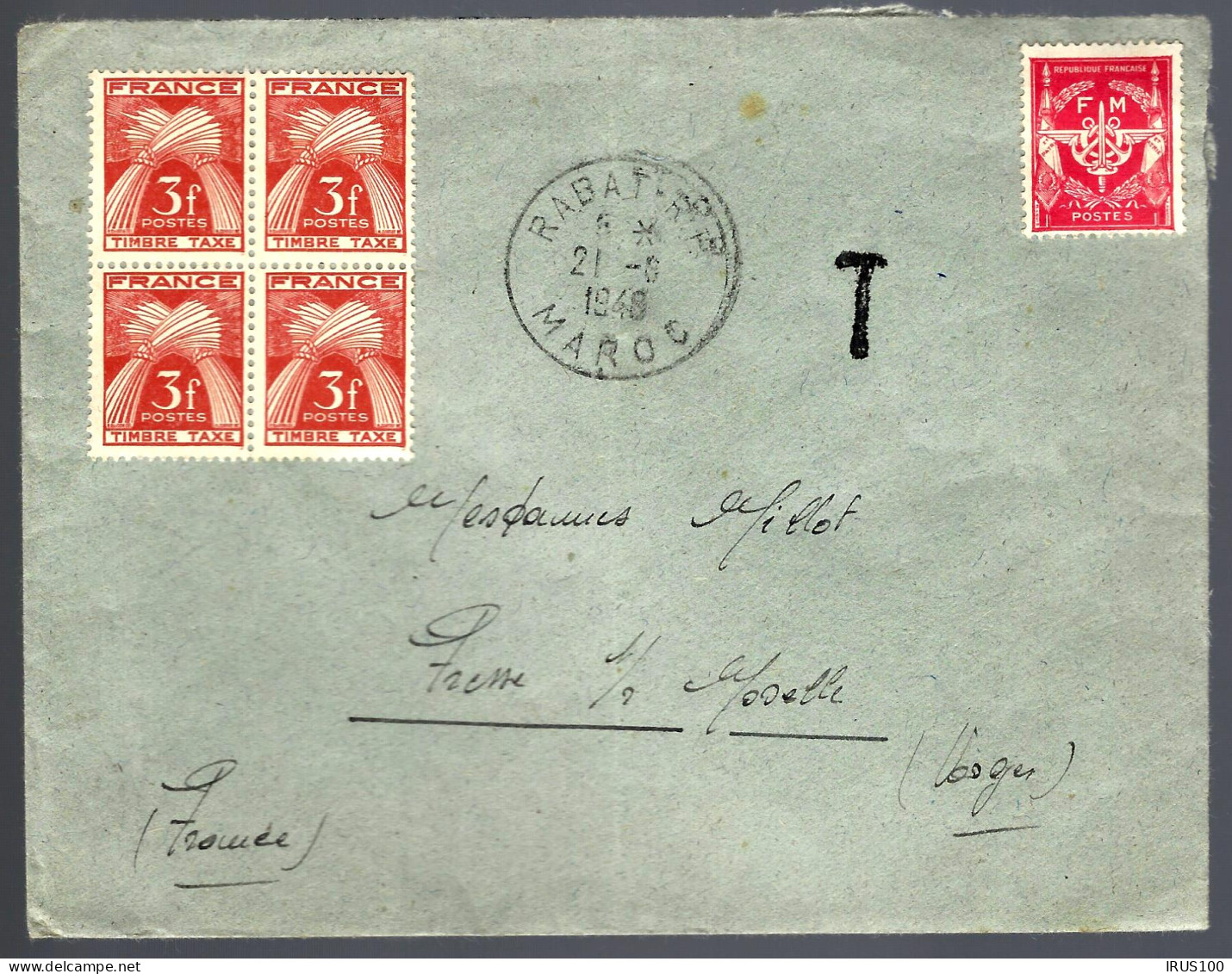 TAXE FRANCE/MAROC - FRANCHISE MILITAIRE - 1948 - POUR FRESSE  Sur MOSELLE (VOSGES) -  - Lettres & Documents