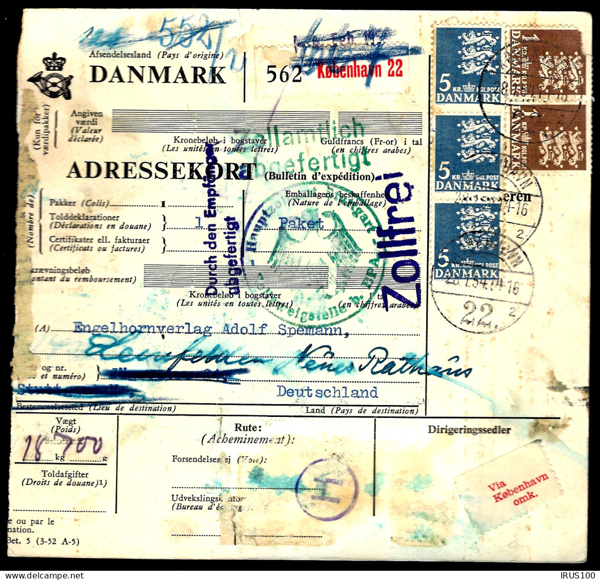 COLIS POSTAUX KOBENHAVN - DANEMARK ADRESKAART BULLETIN EXPEDITION DOUANE - ZOLL - Covers & Documents