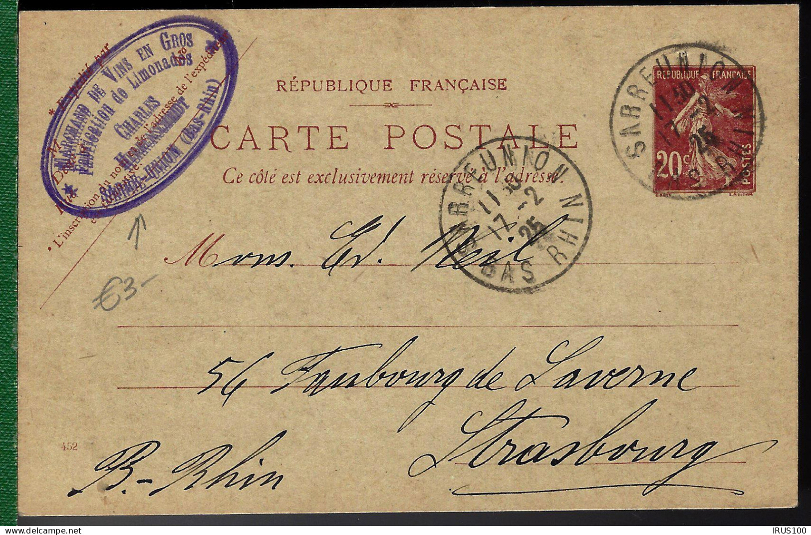 SARRE UNION - 1925 - VINS ET LIMONADES -  - Cartes Précurseurs