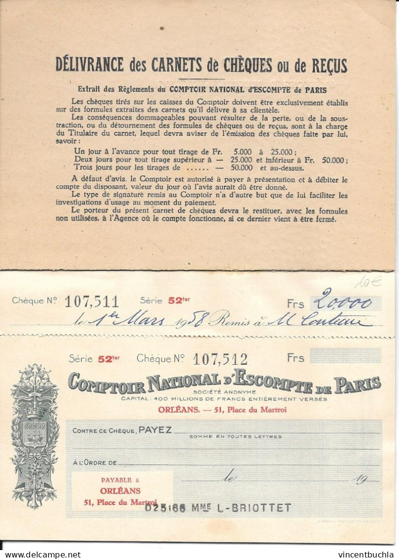 Carnet Chèques Comptoir National D'Escompte De Paris (reste 9 Chèques) Payable Orléans Place M - Cheques & Traveler's Cheques