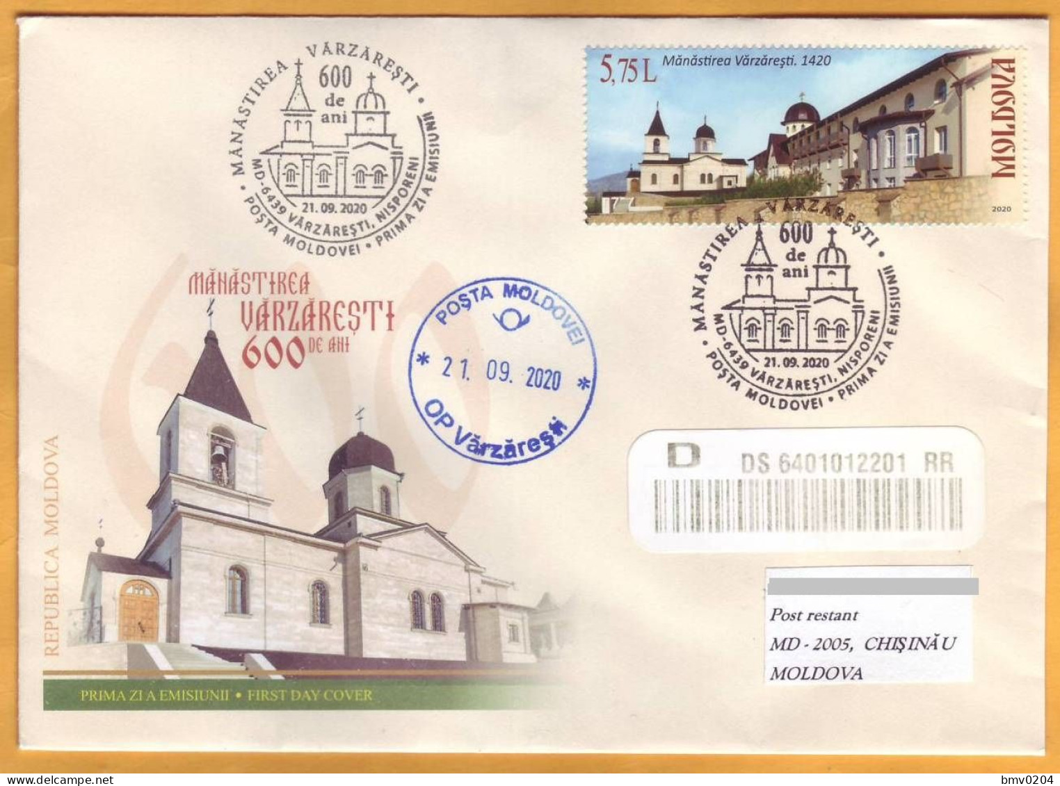 2020  Moldova Moldavie FDC 600 Monastery Of Varzareshty. 1420 Architecture. Bessarabia. Pushkin Used - Eglises Et Cathédrales