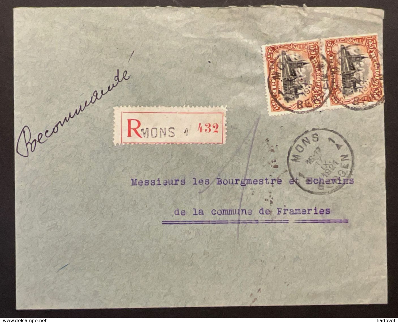 Lettre Recommandé 17 IV 1921 Affr. OBP 142 (x2) - EC Mons 1 Bergen - 1915-1920 Albert I.