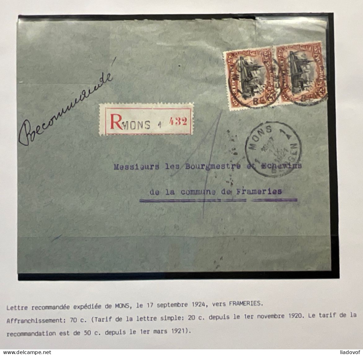 Lettre Recommandé 17 IV 1921 Affr. OBP 142 (x2) - EC Mons 1 Bergen - 1915-1920 Alberto I
