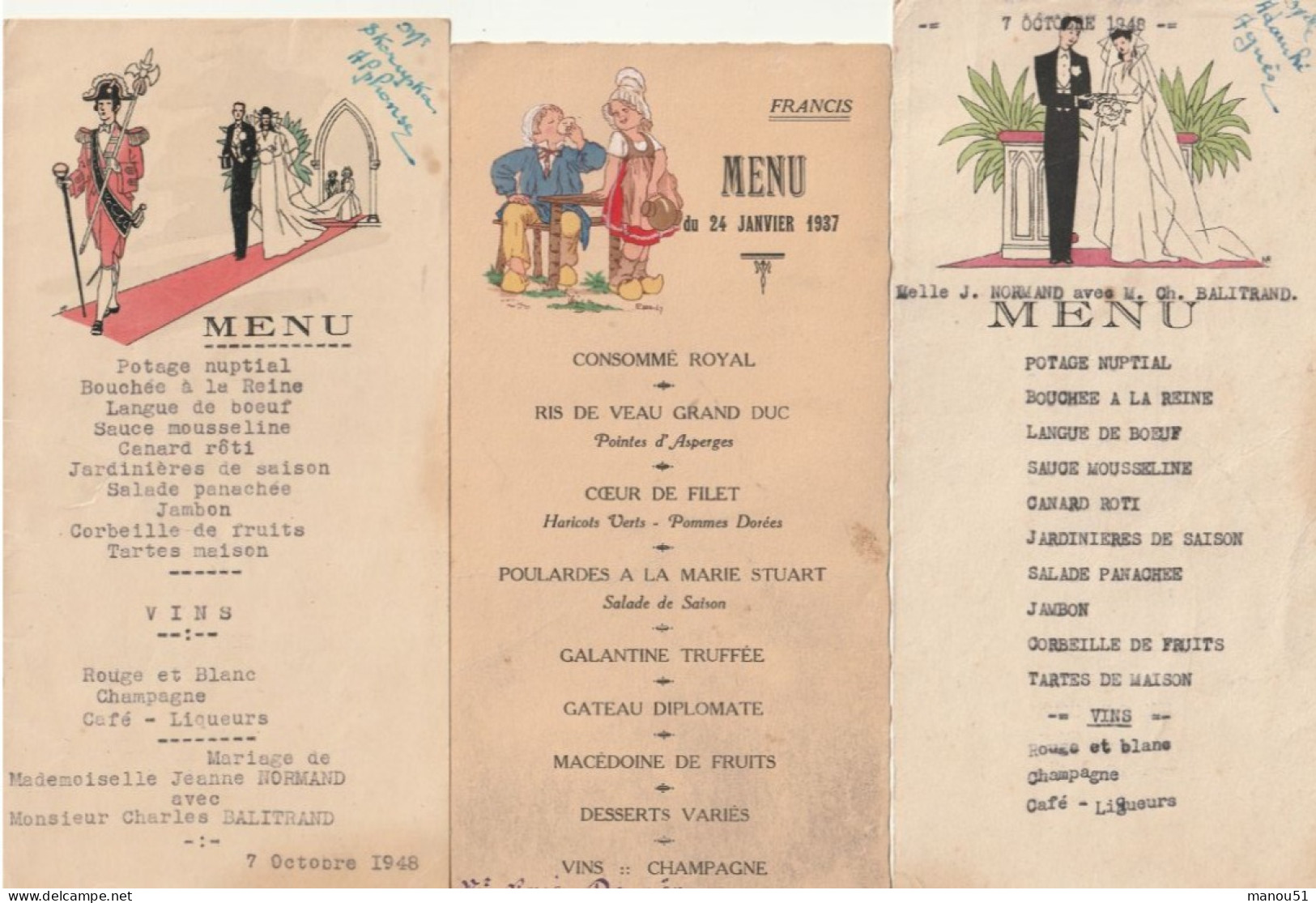 Lot De 4 Menus ( Années 30/40 ) - Menükarten