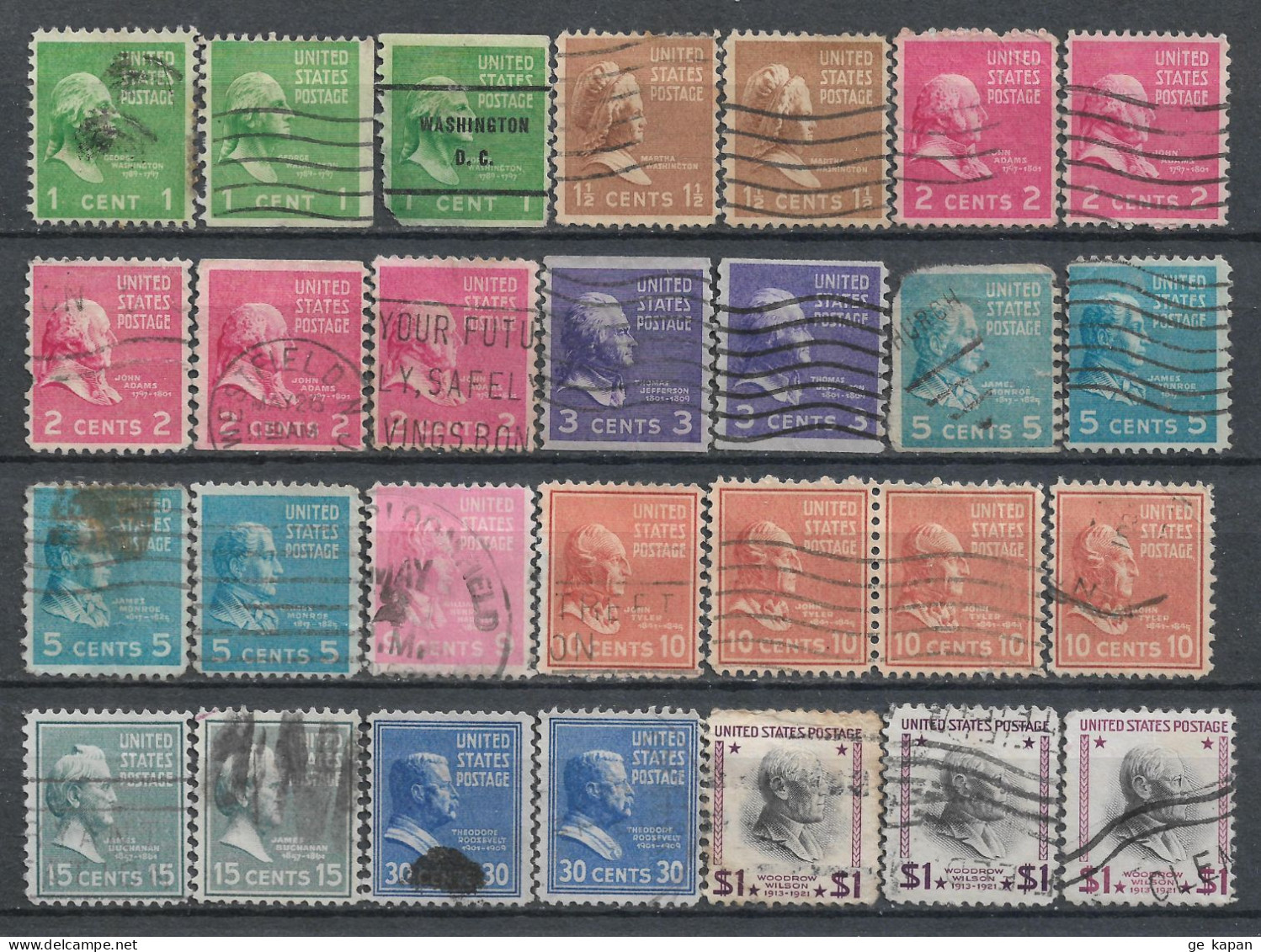 1938-1954 USA Presidential Issue Set Of 28 Used Stamps (Scott # 804-807,811,814,815,820,830,832) - Usati