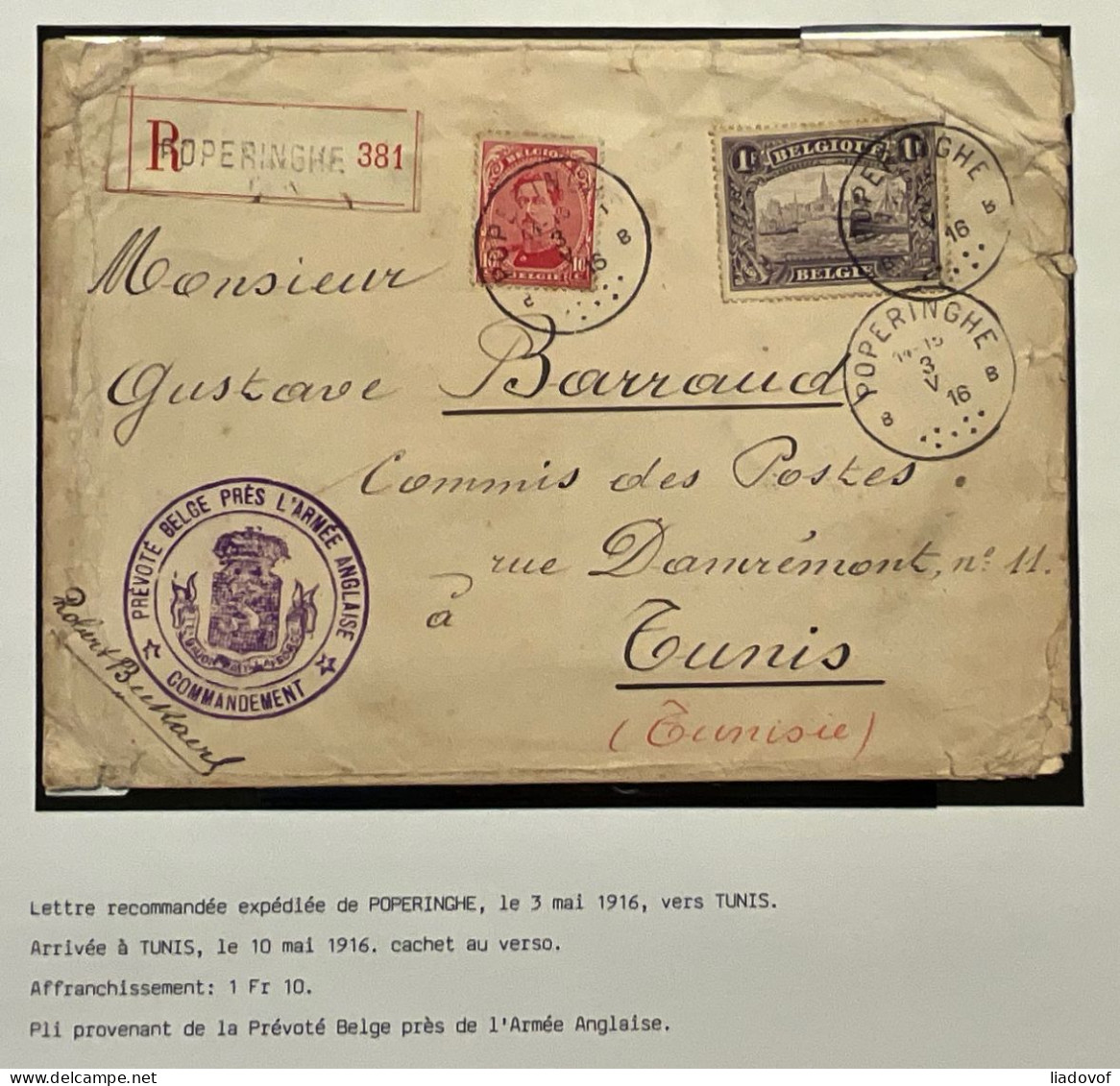 Lettre Recommandé Affr. OBP 138 + 145 - Poperinghe > TUNIS (RR) - Cachet Superbe "Prévoté Belge Près De L'Armée Anglaise - 1915-1920 Albert I.