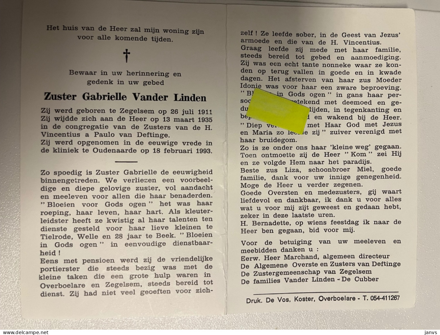 Devotie DP - Overlijden - Zuster Gabrielle Vander Linden - Zegelsem 1911 - Oudenaarde 1993 - Avvisi Di Necrologio