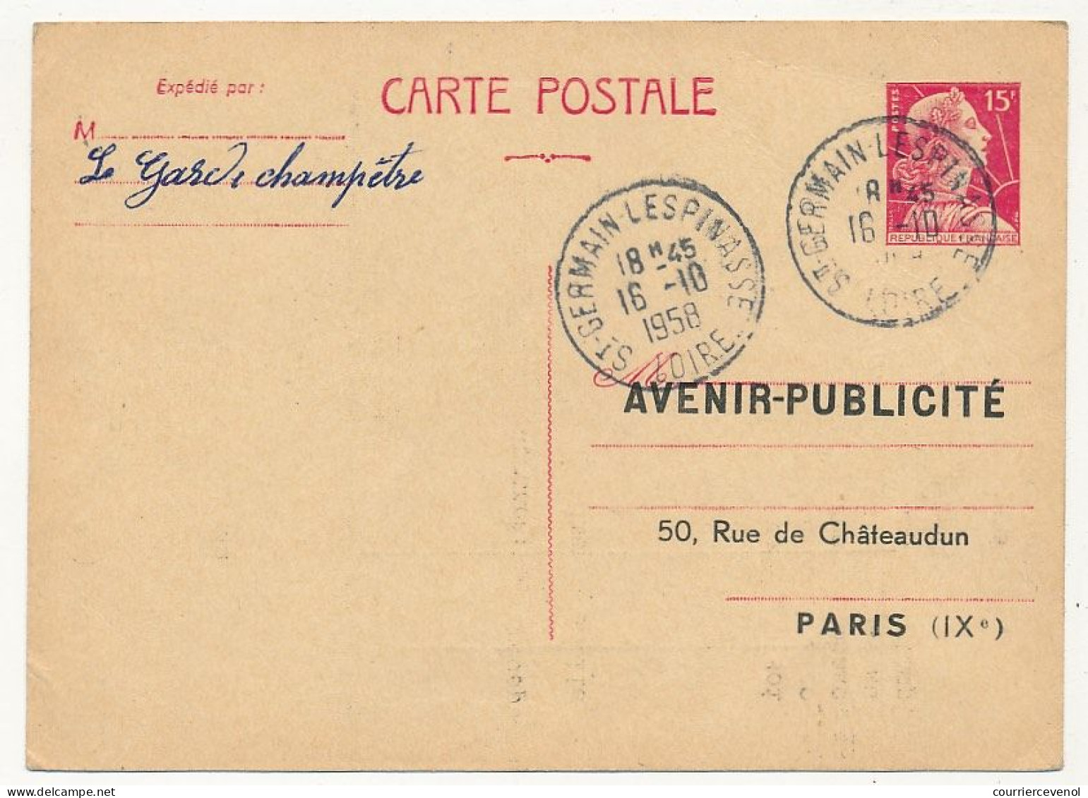 FRANCE - CP 15 Marianne De Muller Repiquage "Avenir Publicité - Voyagée St Germain Lespinasse (Loire) - 16/10/1958 - Cartoline Postali Ristampe (ante 1955)