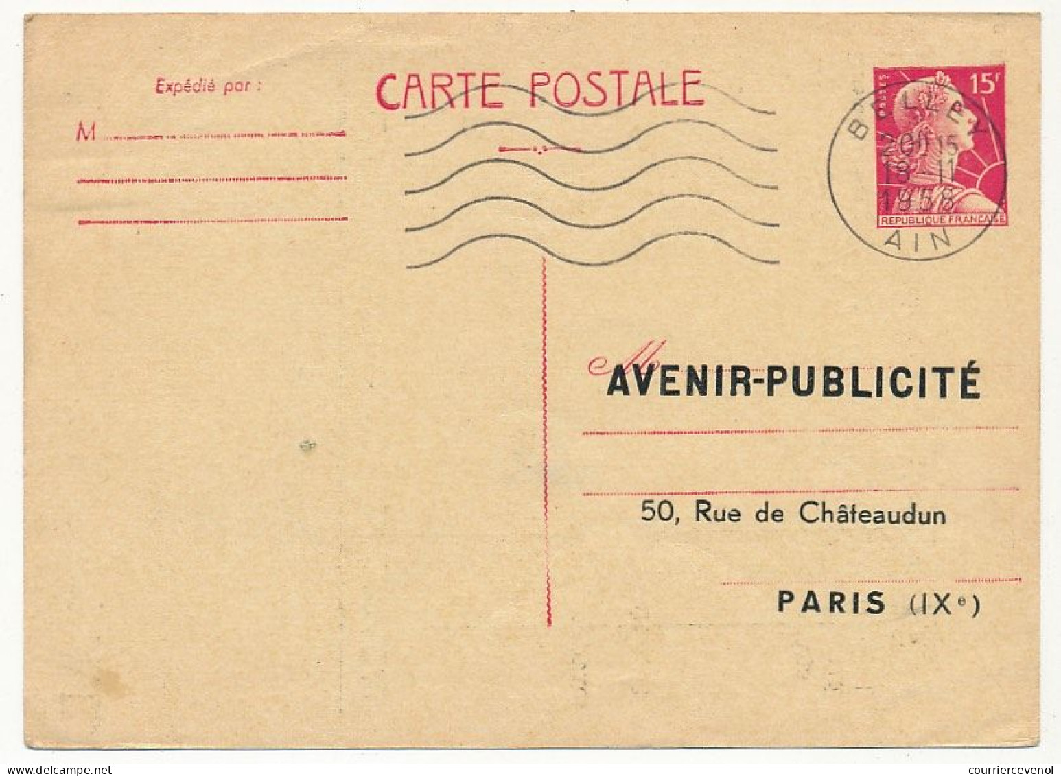 FRANCE - CP 15 Marianne De Muller Repiquage "Avenir Publicité - Voyagée OMEC Belley (Ain) - 18/11/1958 - Postales  Transplantadas (antes 1995)
