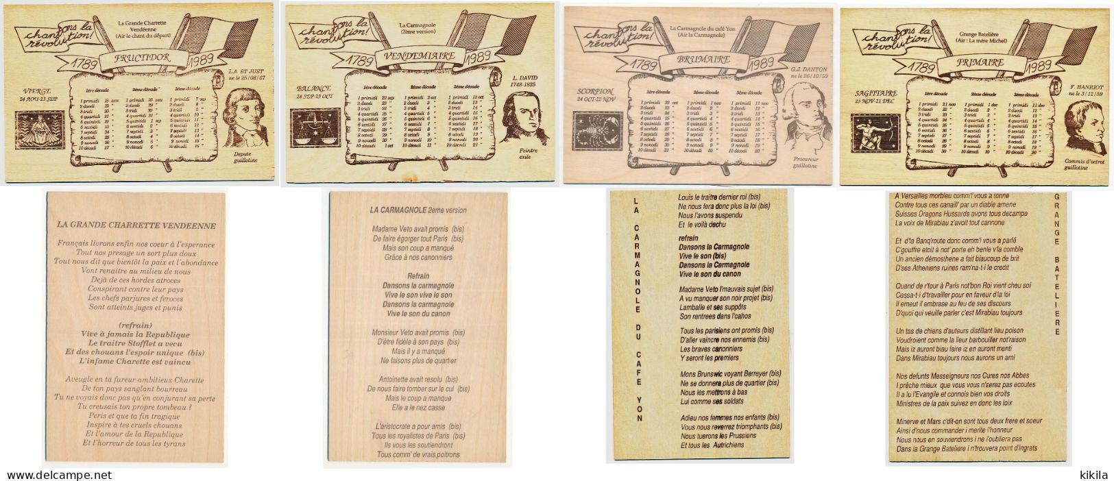 12 mois et chansons de la Révolution sur 12 plaquettes de bois 10,5 x 16 cm Fructidor, Vendemiaire, Frimaire calendrier