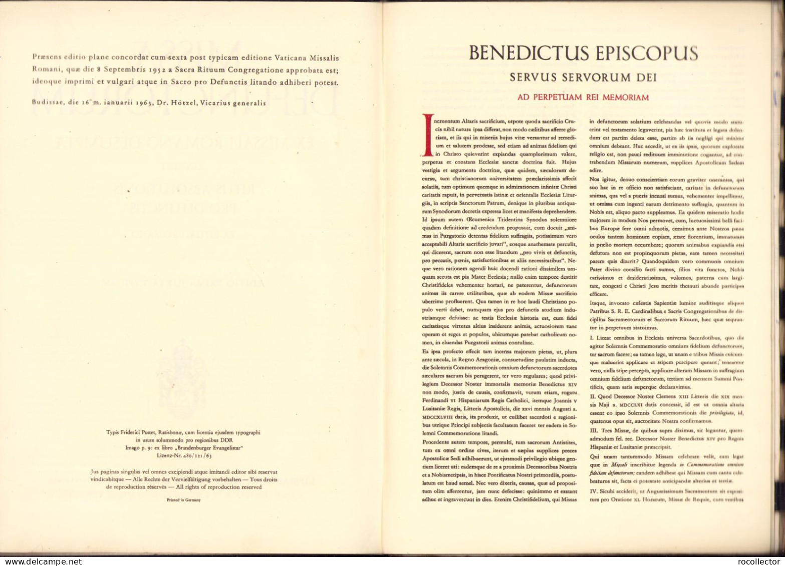 Missae Defunctorum. Ex Missali Romano Desumptae. Accedit Ritus Absolutionis Pro Defunctis Ex Rituali Romano .. 1963 - Alte Bücher