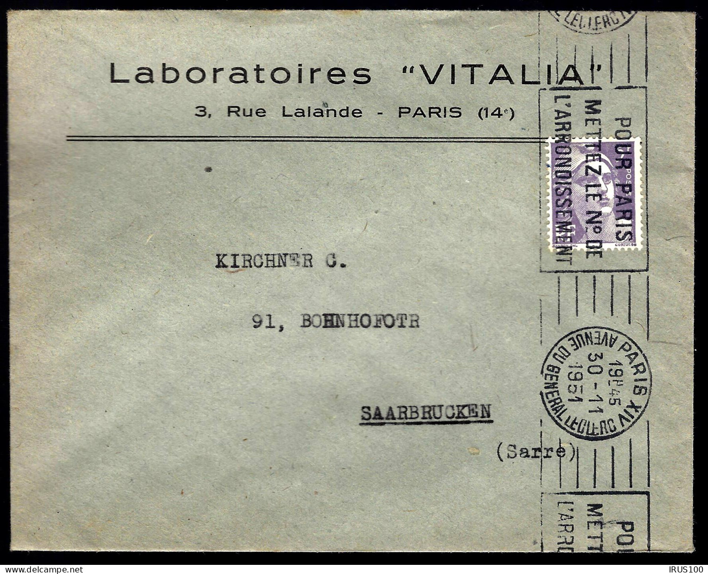 PARIS - MARIANNE DE GANDON - 1951 - LABORATOIRE -  - Oblitérations Mécaniques (flammes)