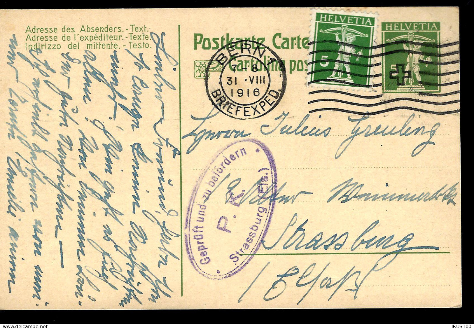 SUISSE - BERN -  1916 - CENSURE - ZENSUR -CENSORSHIP - - Stamped Stationery