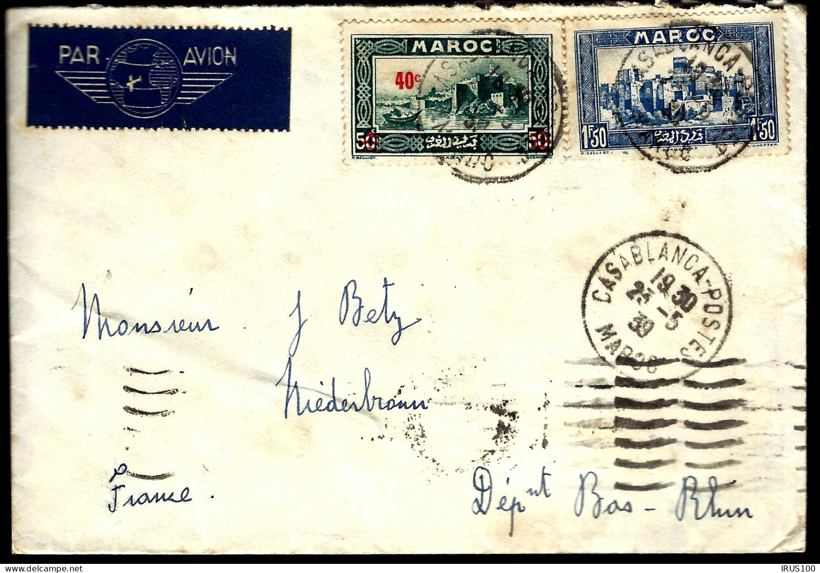 LETTRE DE CASABLANCA - 1939 - POUR NIEDERBRONN - PAR AVION - Lettres & Documents