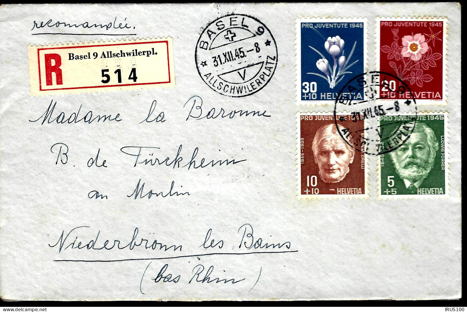 LETTRE EN RECOMMAND DE BÂLE - 1949 - POUR NIEDERBRONN ELSASS - TIMBRES À SURTAXE - Covers & Documents