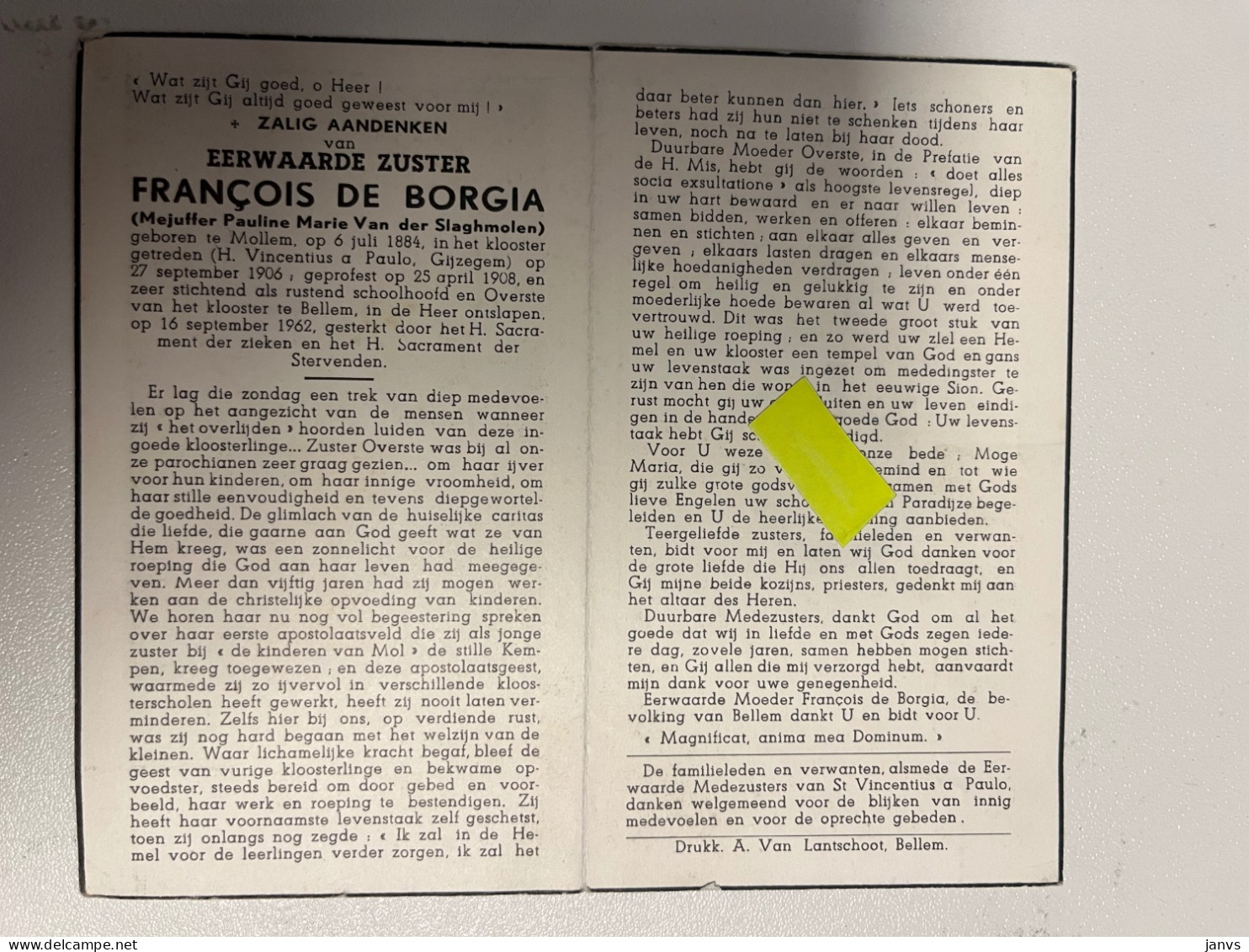 Devotie DP - Overlijden - Zuster François De Borgia - Van Der Slaghmolen - Mollem 1884 - Bellem 1962 - Avvisi Di Necrologio