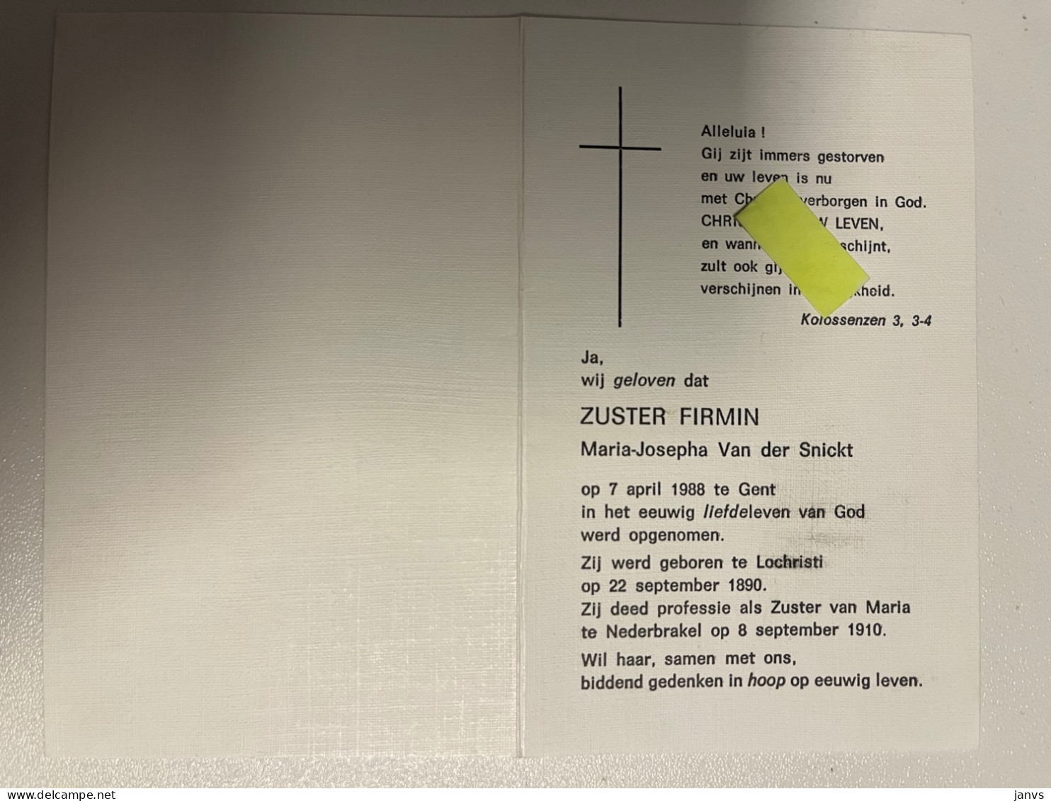 Devotie DP - Overlijden - Zuster Firmin - Van Der Snickt - Lochristi 1890 - Gent 1988 - Esquela