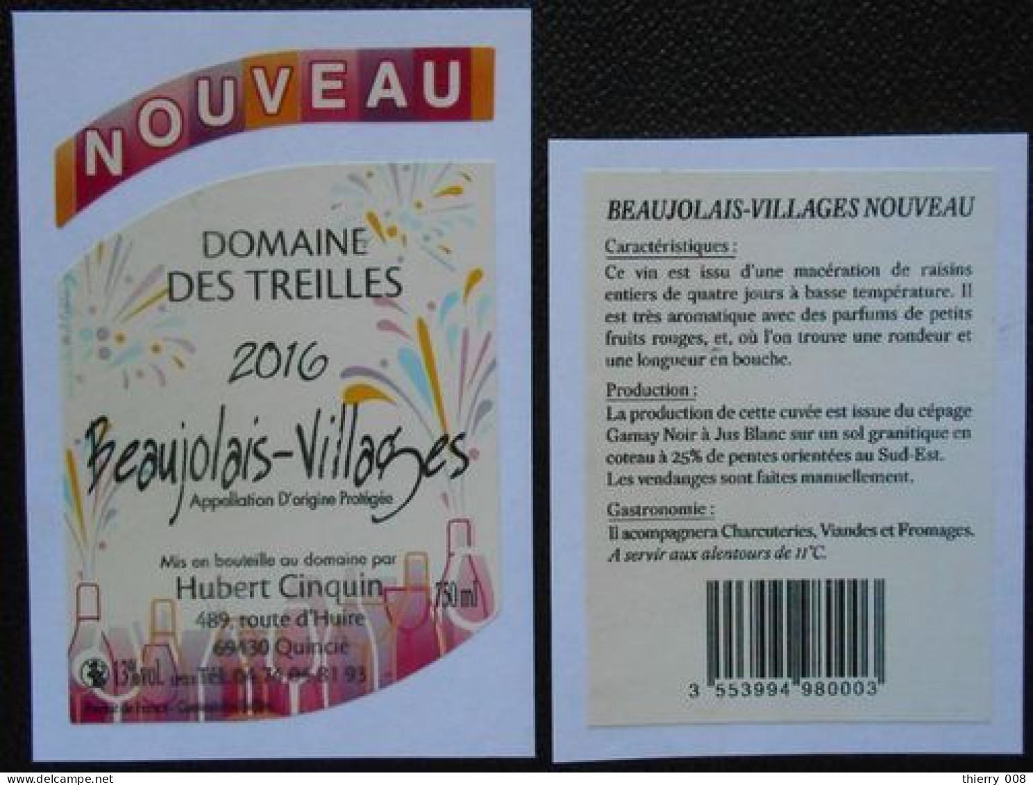 Etiquette Vin  Beaujolais Nouveau  Domaine Des Treilles  Beaujolais-Villages  2016 - Other & Unclassified