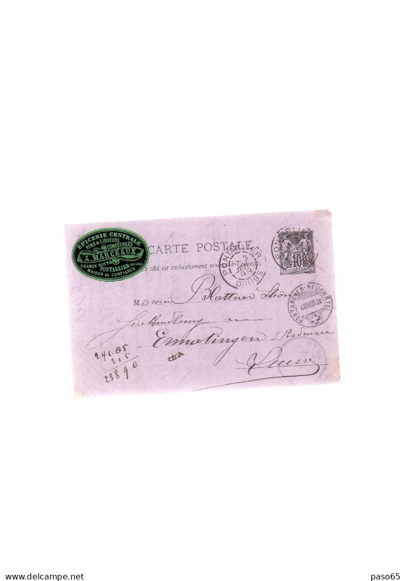 VIGNETTE VINS MARCEAUX PONTARLIER SUR ENTIER POSTAL SAGE 1888 - Other & Unclassified