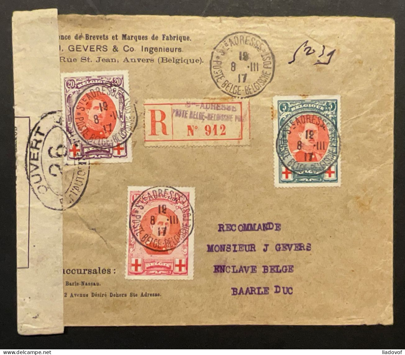 Lettre Recommandé Affr. OBP 132/134 - Le Havre St Adresse > Baarle Duc + Censure - 1914-1915 Croix-Rouge