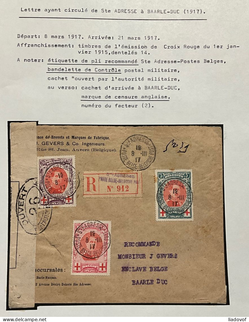 Lettre Recommandé Affr. OBP 132/134 - Le Havre St Adresse > Baarle Duc + Censure - 1914-1915 Croce Rossa