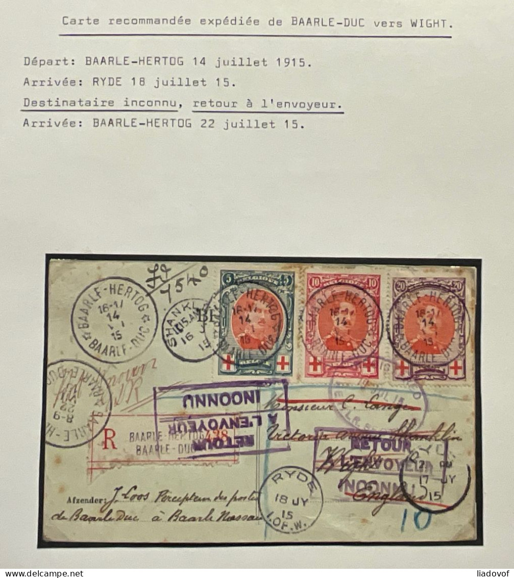 Carte Recommandé Affr. OBP 132/134 - Baarle Duc > Wight - Destinataire Inconnu / Retour à L'envoyeur - 1914-1915 Croix-Rouge