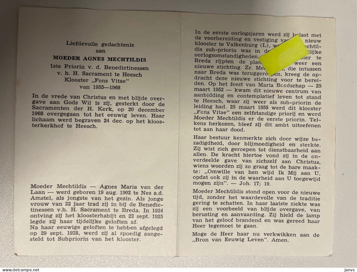 Devotie DP - Overlijden - Zuster Moeder Mechtildis - Nes Aan De Amstel 1902 - Heesch 1968 - Esquela