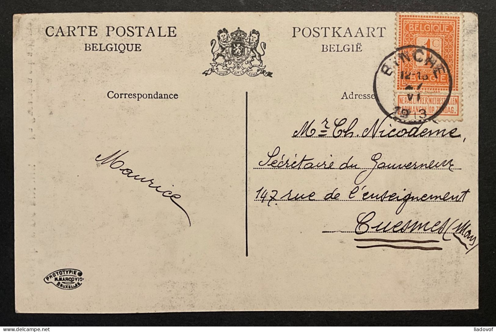 Carte Postale Affr. OBP 108 - 1c - BINCHE - Tarif Carte Postale < 5 Mots - 1912 Pellens