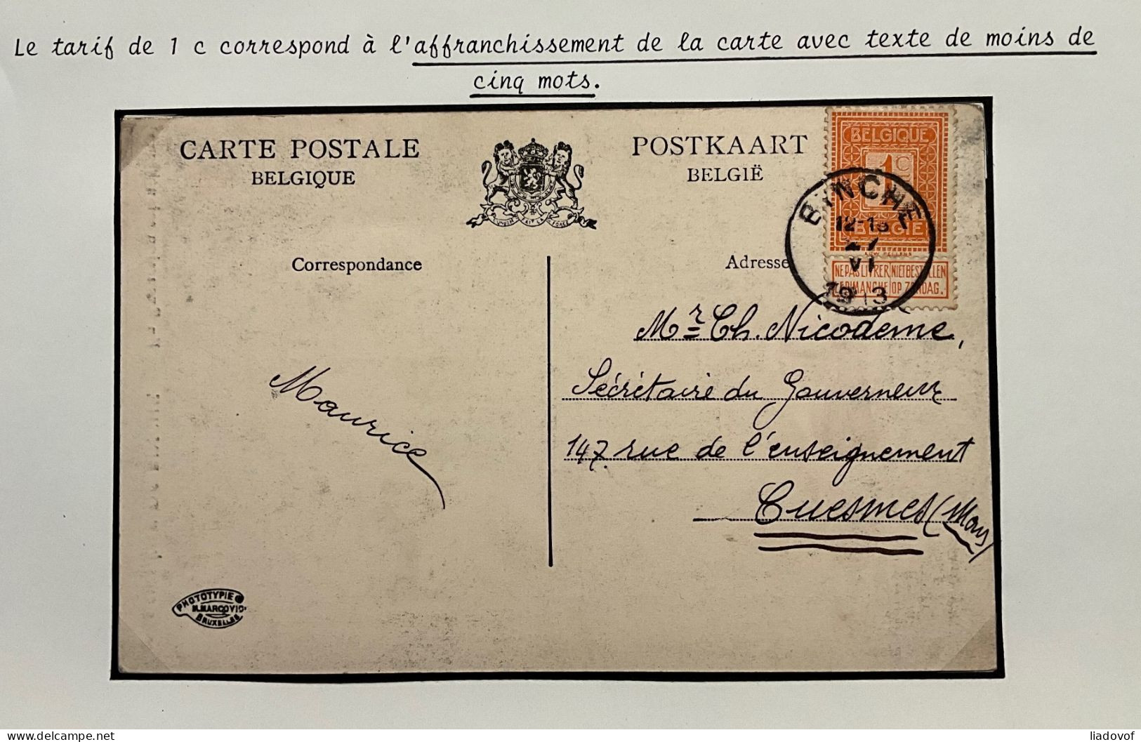 Carte Postale Affr. OBP 108 - 1c - BINCHE - Tarif Carte Postale < 5 Mots - 1912 Pellens