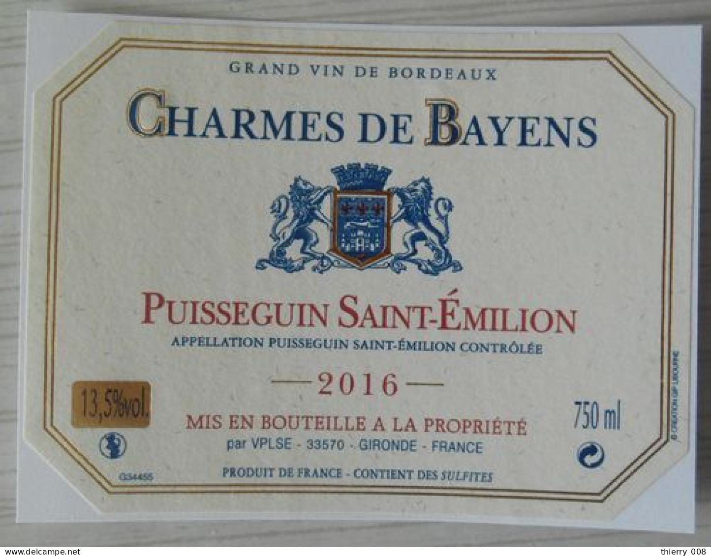 Etiquette Vin Charmes De Bayens Puisseguin Saint-Emilion 2016 - Other & Unclassified