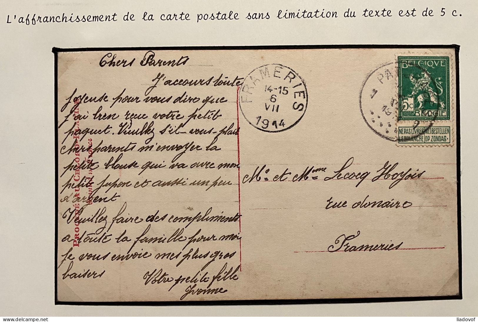 Carte Postale Affr. OBP 110 - 5c - PATURAGES 1 - Tarif Carte Postale Sans Limitation De Texte - 1912 Pellens