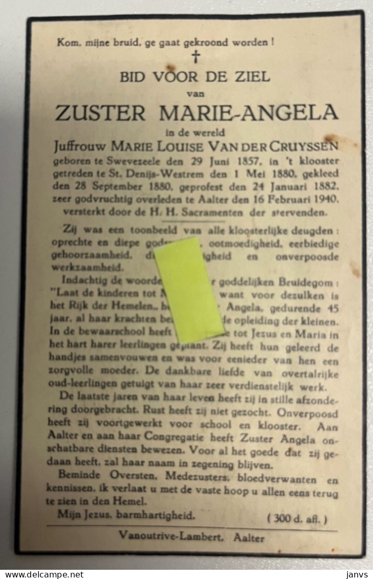 Devotie DP - Overlijden - Zuster Marie - Van Der Cruyssen - Swevezeele / Zwevezele 1857 - Aalter 1940 - Avvisi Di Necrologio