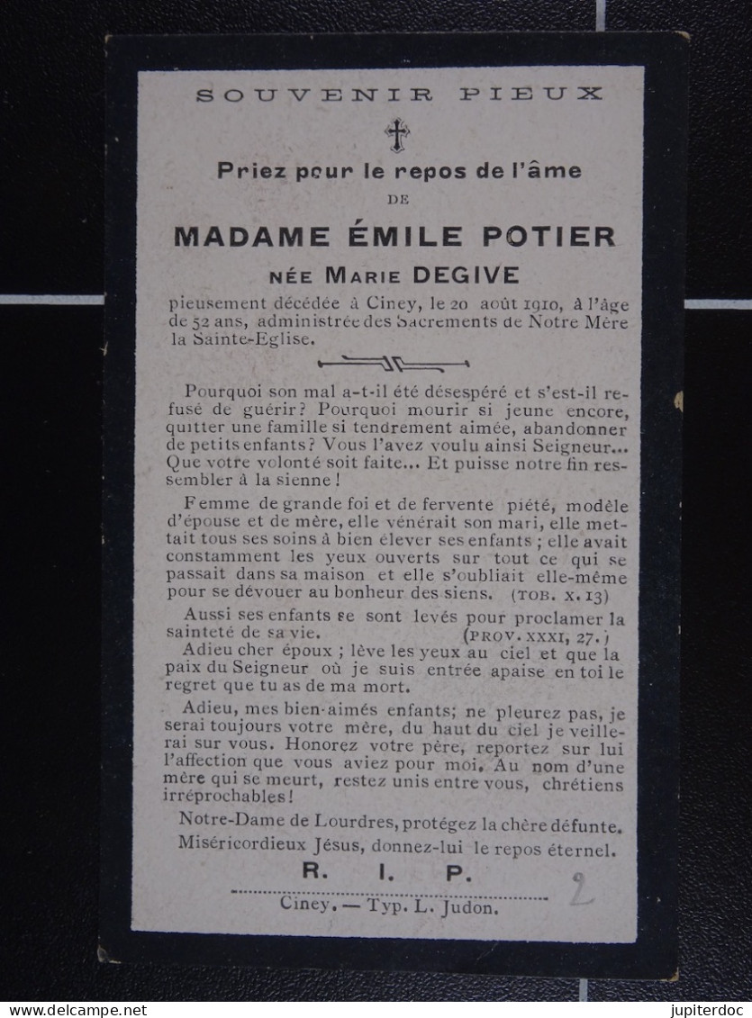 Marie Degive épse Potier Ciney 1910 à 52 Ans  /2/ - Imágenes Religiosas