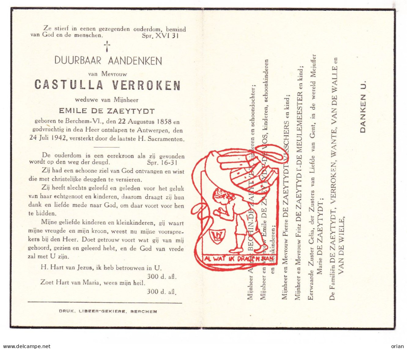 DP Castulla Verroken ° Berchem Kluisbergen 1858 † Antwerpen 1942 De Zaeytydt Beghin De Vos Visschers Wante Meulemeester - Imágenes Religiosas