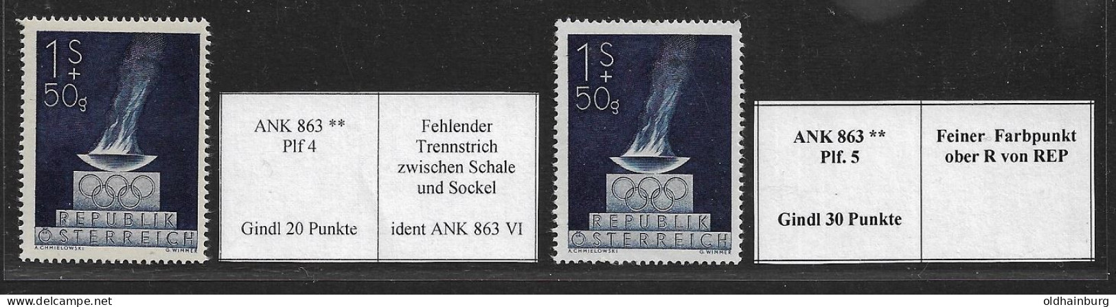 Österreich 1948: ANK 863 ** Olympia 1948, 2 Gindl- Plattenfehler (40 Punkte, 12.- €) - Neufs