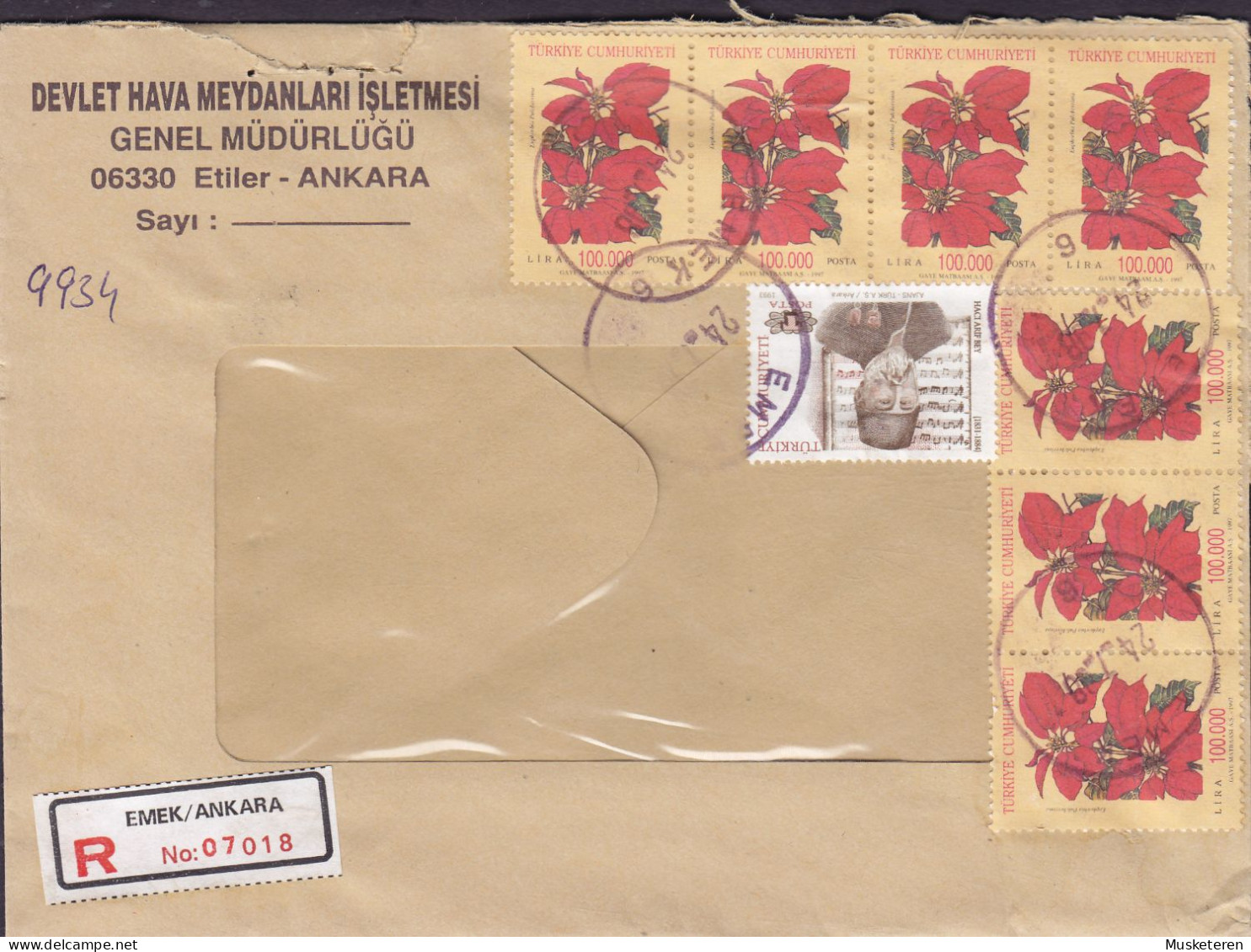 Turkey DEVLET HAVA MEYDANLARI ISLETMESI Registered Label EMEK / ANKARA 1998 Cover 3- & 4-Stripe Flower, Haci Arif-Bey - Storia Postale