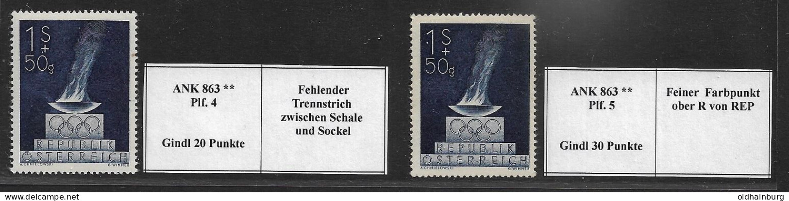 Österreich 1948: ANK 863 ** Olympia 1948, 2 Gindl- Plattenfehler (40 Punkte, 12.- €) - Sommer 1948: London