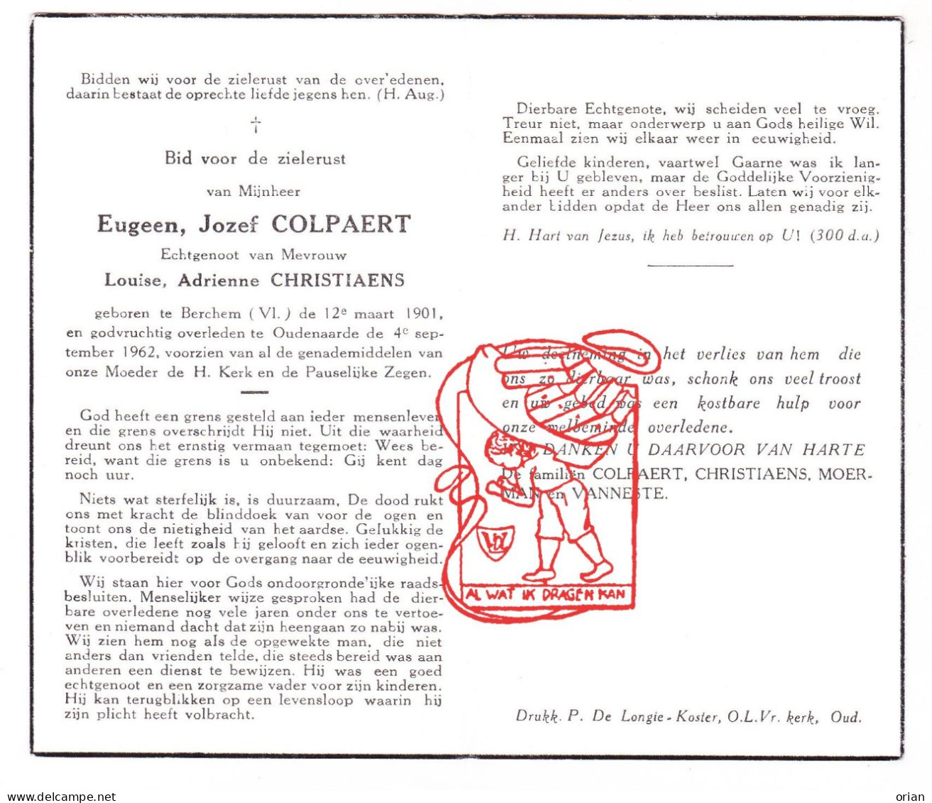 DP Eugeen Jozef Colpaert ° Berchem Kluisbergen 1901 † Oudenaarde 1962 X Louise Christiaens // Moerman Vanneste - Imágenes Religiosas