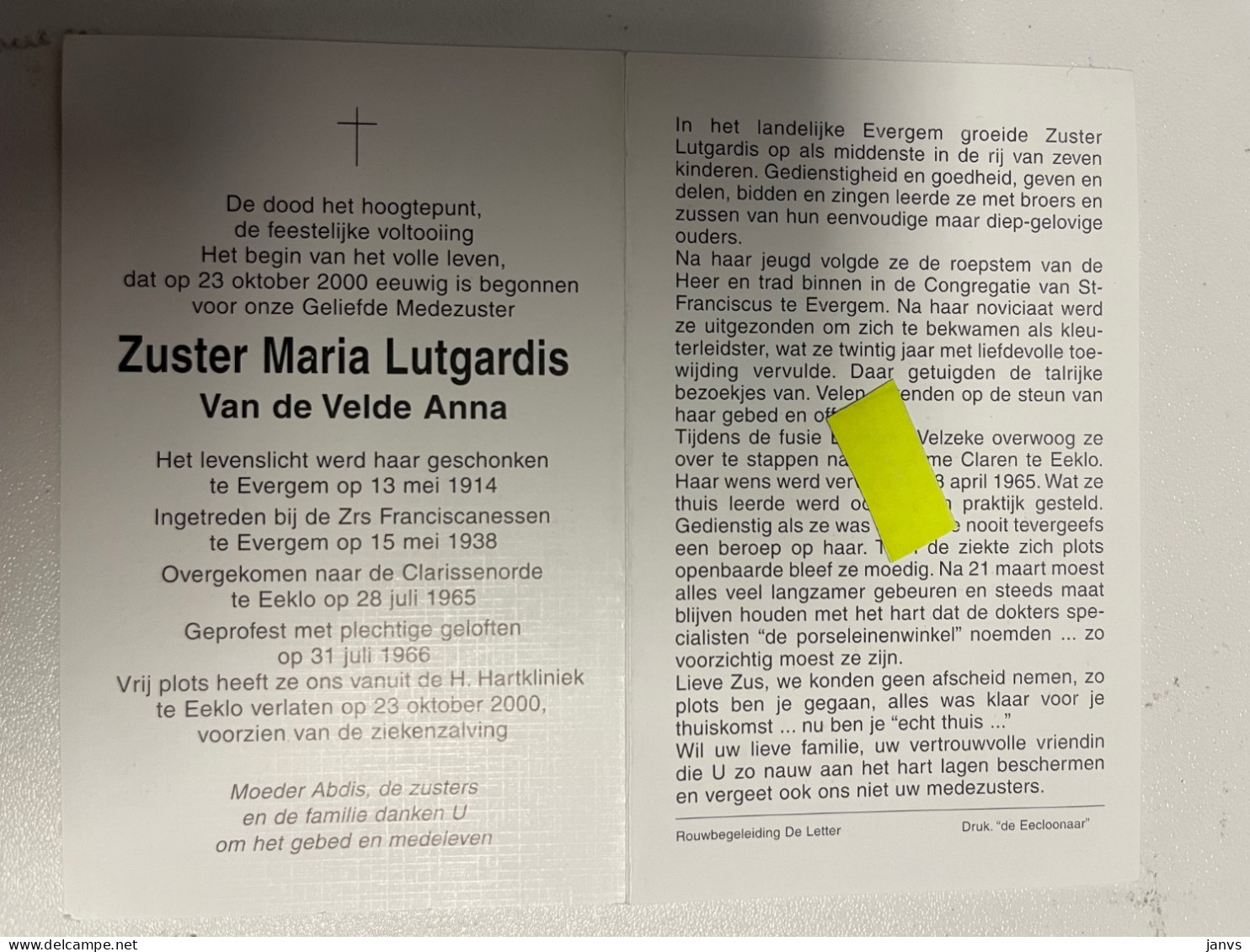 Devotie DP - Overlijden - Zuster Maria Lutgardis - Van De Velde - Evergem 1914 - Eeklo 2000 - Avvisi Di Necrologio