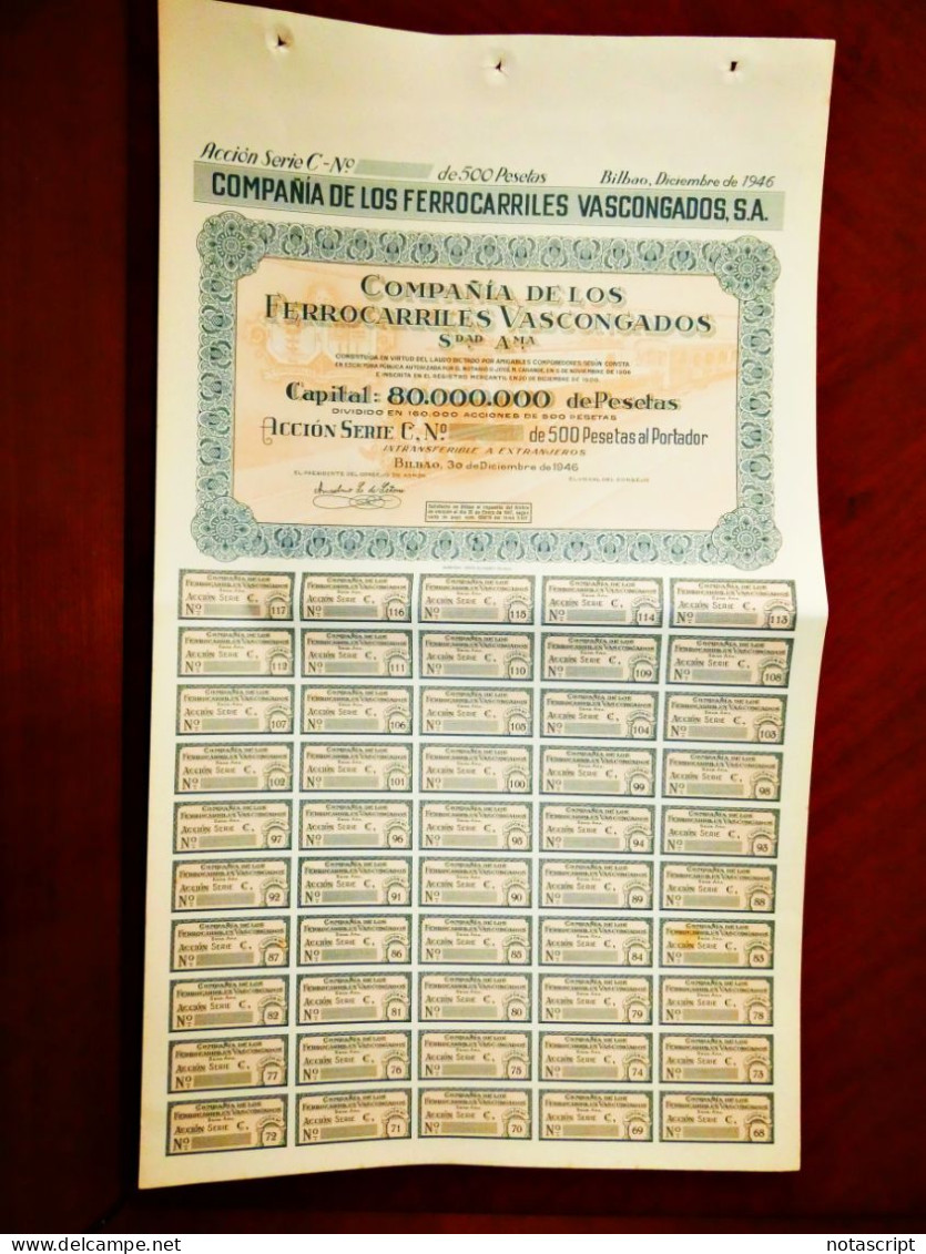 Compañía De Los Ferrocarriles Vascongados ,Bilbao 1946 Unissued Share Certificate - Ferrovie & Tranvie